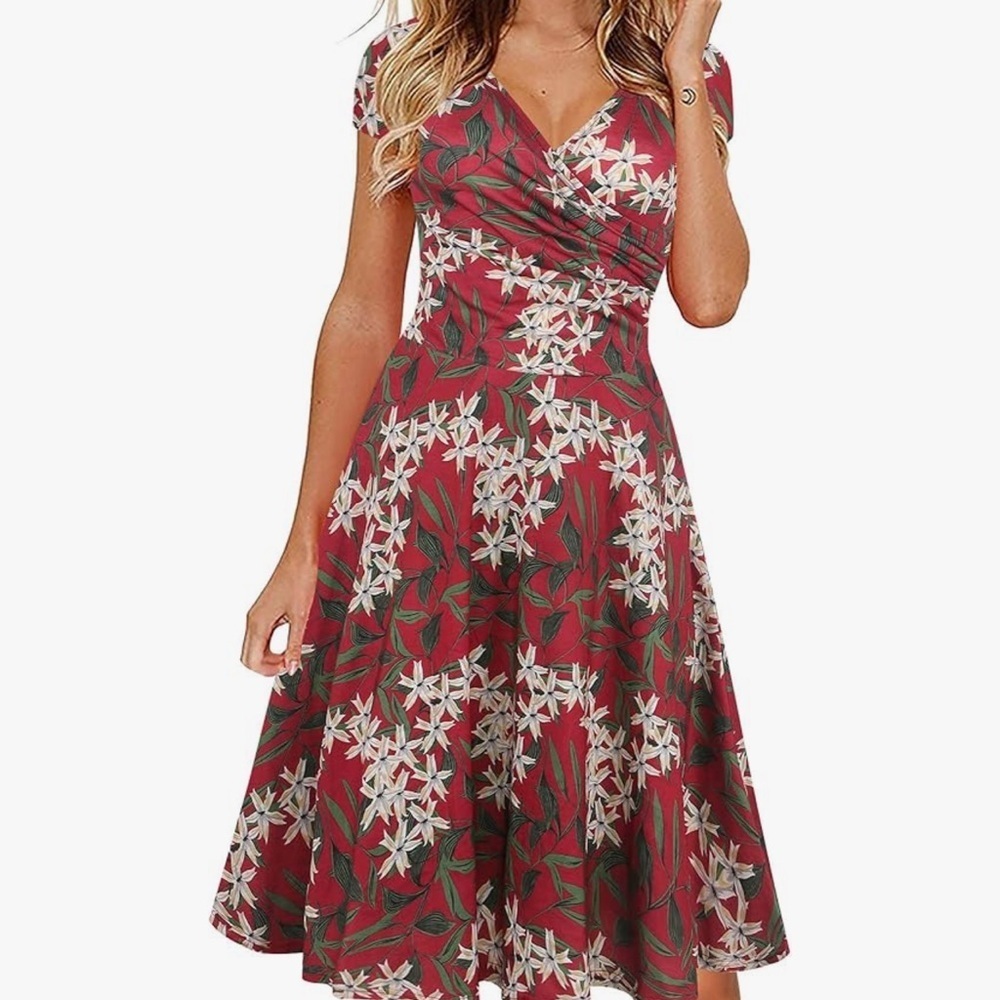 NWT Oxiuly Women's V-Neck Cap Sleeve Floral Casual Work Stretchy Swing Dress